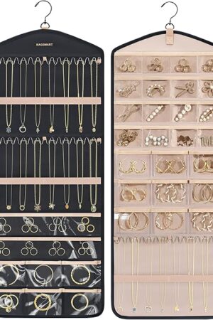 BAGSMART Hanging Jewelry Organizer with Hanger Metal Hooks Double-Sided Jewelry Holder for Organizing Earrings Necklaces Rings Perfect for in Hanging Closet, Wall, Door, 1 Piece, Large, Black