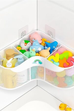 3-Compartment Corner Bath Toy Storage Organizer for Tub - Wide-Opening Mesh Kids Bath Toy Holder with Easy Sorting & Storage, Quick-Drying Machine-Washable Bathroom Organizer for Tidy Bathtub