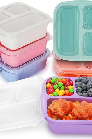 Bento Box For Kids - 6 Pack 3 Compartments Meal Prep Containers Reusable Wheat Straw Lunchable Containers, Snack Containers Snack Box For Adults, Bento Box Kids Lunch Box