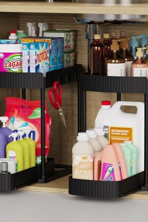 2 Pack Multi-Purpose Pull-Out Storage Organizers, Under Sink Organizers and Storage for Bathroom & Kitchen, Under Cabinet Organizers and storage, 12.8 Inch, Black