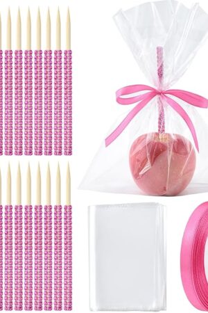 26+24PCS bling candy apple sticks set,Including24PCS 6-Inch Rhinestone Apple Bamboo Stick24PCS Bags a pair of Scissors a roll of Ribbon, Used for Various Holiday Parties（Rose Red）
