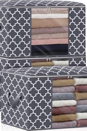 WISELIFE Storage Bags, Large Blanket Clothes Organization and Storage Containers for Bedding, Comforters, Foldable Organizer with Reinforced Handle, Clear Window,Sturdy Zippers,(Grey, 3 x 100L)