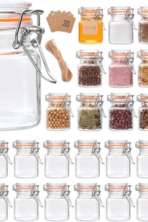 Encheng 4 oz Glass Jars With Airtight Lids And Leak Proof Rubber Gasket,Small Mason Jars With Hinged Lids For Kitchen, Mini Spice Jars With Twine And Tags Labeling 30 Pack