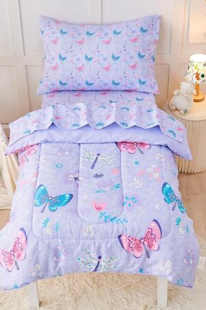 Butterfly Toddler Bedding Set for Girls, 4 Piece Bed-in-a-Bag Toddler Comforter Sets, Super Soft Comforter Sheet Set and Comfortable Microfiber Toddler Bed Set