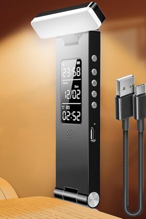 Book Lights, Rechargeable Reading Light in Bed, Smart Adjustable Reading Lights, Portable Bookmark Night Lamp, Built-in Battery & LCD Display, with Timer, Clock, Alarm, Date