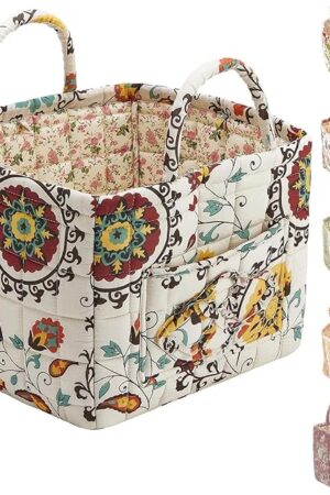 Boho Fabric Storage Basket, 2025 New Large Capacity Fabric Storage Basket, Boho Floral Laundry Baskets, Portable Folding Storage Bag, for Clothes and Sundries(White)