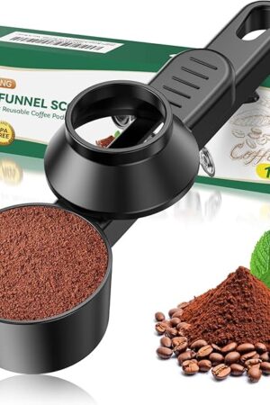 CAPMESSO Coffee Scoop & Funnel for Reusable K Cup Refillable Coffee Pods: 2 Tablespoon Coffee Measuring Scoop - Easy Slide Scoop for Ground Coffee, Protein Powder, Tea without Spilling (1 Pack)