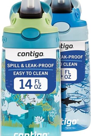 Contigo Aubrey Kids Water Bottle 2-Pack, 14oz, Dinos & Sharks | Spill-Proof Lid | Silicone Straw | Dishwasher Safe | Cleanable