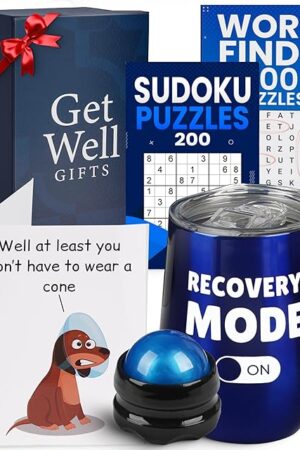 Amabeen Get Well Soon Gift Basket for Men - Funny Card, Insulated Tumbler, Word Finds Puzzle Book, Sudoku, Massager Ball - Recovery & After Surgery Care Package