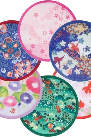 6 Pcs Floral Round Folding Hand Fan Japanese Foldable Fan Handheld Cooling Fans for Festival Summer Wedding Party Favors Decorations (Japanese, 8 Inch)