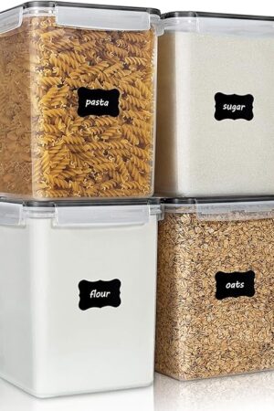 Vtopmart 4 PCS Large Food Storage Containers 5.2L / 175oz, 4 Pieces BPA Free Plastic Airtight Canisters for Flour, Sugar, Baking Supplies, Rice with Lids, 4 Measuring Cups and 24 Labels, Black