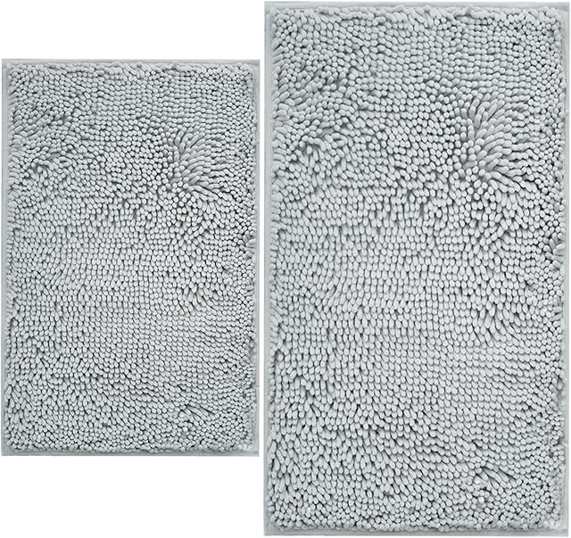 BOANKODU Bathroom Rugs Sets Chenille Bath Mat Bathroom Rug 32x20 Inch + 24x16 Inch Light Grey