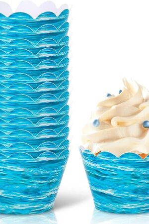 Whaline 48Pcs Ocean Wave Cupcake Wrappers Blue Sea Waves Cupcake Liners Summer Ocean Paper Baking Cup Cupcake Holders for Birthday Summer Ocean Theme Party Cake Decorations