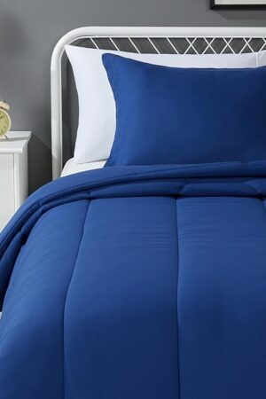 Amazon Basics 2 Piece Soft Microfiber Kids' Comforter and Pillow Sham Set, Twin, Navy, Solid