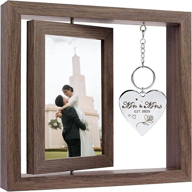 Wedding Gifts for Couples 2025,Rotating Floating Mr and Mrs Picture Frame,4x6 Rustic Picture Frame Engagement Gifts for Couples,Bridal Shower Gift for Bride to Be