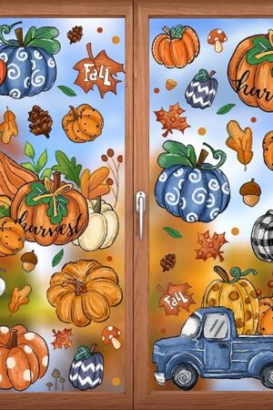 6 Sheets Fall Window Clings Double-Sided Window Stickers with Orange Maple Leaves Pumpkins Blue Truck Thanksgiving Window Decals for Autumn Home Holiday Party Store Glass Decoration