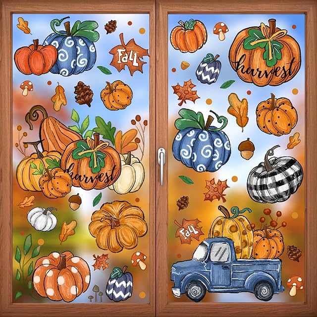 6 Sheets Fall Window Clings Double-Sided Window Stickers with Orange Maple Leaves Pumpkins Blue Truck Thanksgiving Window Decals for Autumn Home Holiday Party Store Glass Decoration