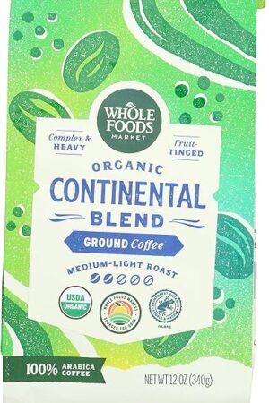Whole Foods Market, Organic Continental Blend Ground Coffee, Medium-Light Roast, Complex & Heavy, Fruit-Tinged, 12 Ounce