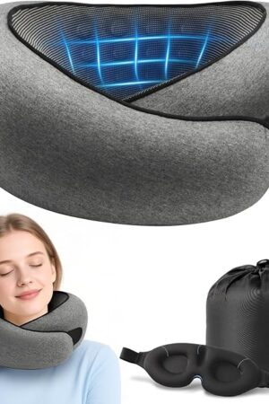 Advanced Memory Foam Neck Travel Pillow, Neck Pillow Airplane with Eye Mask & Ear Plugs, Designed for The Comfort of Travel & Office, Travel Pillow for Plane, Car, Home, Work, Dark Grey