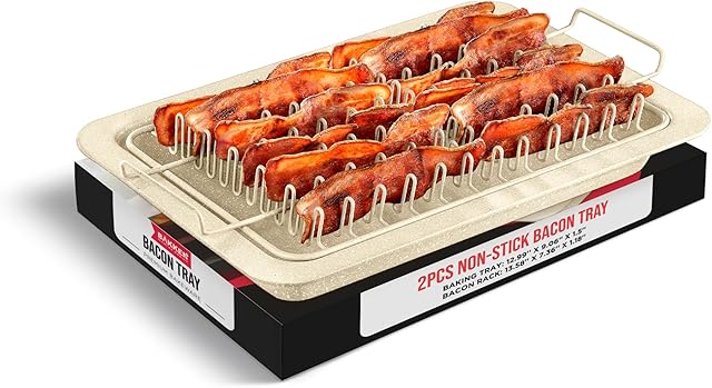 Bacon Tray - 2-Piece Set – Marble Coating - Durable, Non-Stick Cooking Tray for Bacon – White Stone Tray and Carbon Steel Rack