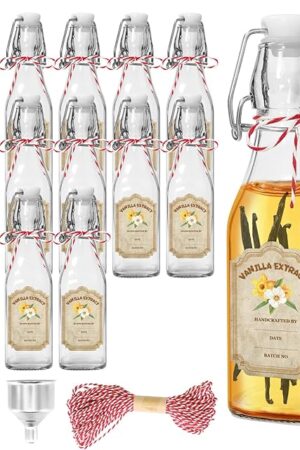 10 Pack Swing Top Glass Vanilla Extract Bottles 8 oz with Lids, Vanilla Extract Labels and Funnel, Glass Boston Vanilla Bottles for Syrup Gift, Flip Top Glass Bottles Jars for Vanilla Extract