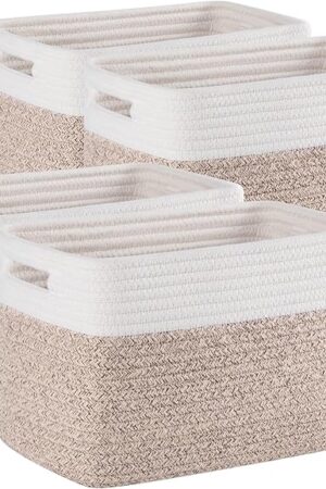 4 Pack Storage Baskets for Organizing, Woven Baskets for Shelves - Perfect for Toys, Books, Towels, and Clothes, Durable Gift Basket Bins Toy Storage, 12.7''Lx9''Wx7.8''H, Brown & White
