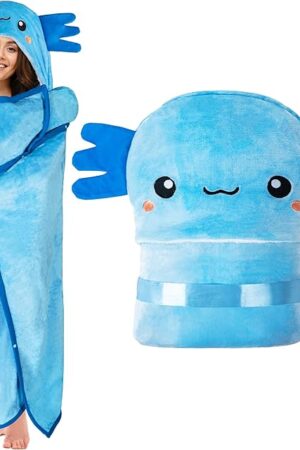Axolotl Wearable Hooded Blanket for Adults - Super Soft Warm Cozy Plush Flannel Fleece & Sherpa Hoodie Throw Cloak Wrap - Axolotl Gifts for Women Adults and Kids