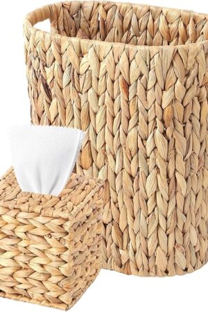 Water Hyacinth Trash Can 15L & Wicker Square Tissue Box, Handwoven Waterproof Waste Basket with Handles, Wicker Home Set for Bedroom, Bathroom, Kitchen, Office, Balcony (Khaki)