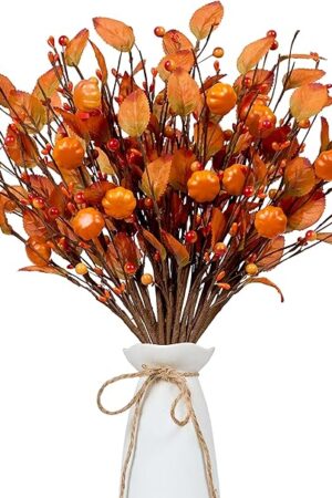 Artificial Fall Picks 12PCS Fall Berry Stems 17inch Autumn Pumpkin Picks with Berry Pumpkin for Vases Centerpieces Autumn Harvest Festival and Thanksgiving Day