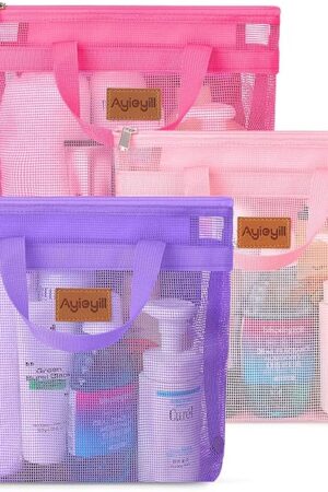 3 Pcs Portable Mesh Shower Caddy Tote, Quick Dry Tote Bag Mesh Beach Bags for Women, Hanging Toiletry and Bath Organizer for Travel Swimming Sports Gym Camp Shopping College Dorms (Pink Purple Rose)