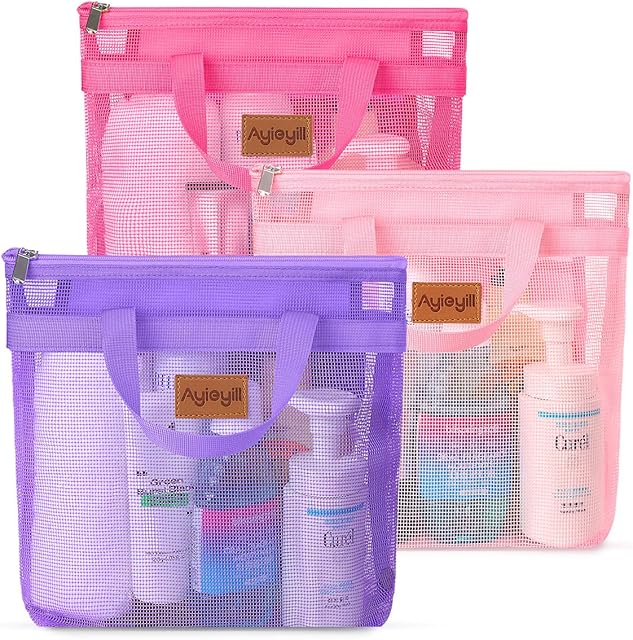 3 Pcs Portable Mesh Shower Caddy Tote, Quick Dry Tote Bag Mesh Beach Bags for Women, Hanging Toiletry and Bath Organizer for Travel Swimming Sports Gym Camp Shopping College Dorms (Pink Purple Rose)