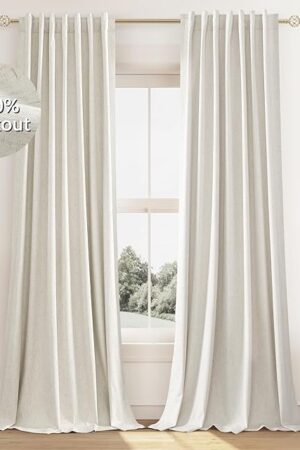 Cream Linen Blackout Curtains 84 Inch Length 2 Panels Set for Living Room Bedroom Back Tab Thermal Insulated 100% Black Out Linen Drapes Room Darkening Window Curtains 84 Inches Long Ivory Natural