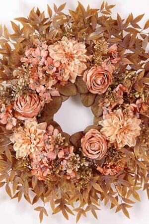 26" Fall Wreath for Front Door - Large Artificial Dahlia Flowers Fake Rose Faux Maple Leaves Outdoor Wreath for Porch, Window,Farmhouse,Home,Thanksgiving Day Harvest Festival Autumn Decor