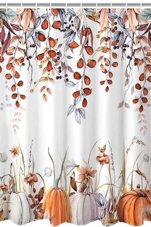 Watercolor Autumn Leaves Shower Curtain Botanical Pumpkin Bathroom Curtain Fall Thanksgiving Waterproof Fabric Bath Shower Curtain Set with 12 Hooks 72 x 72 INES (Fall 1)