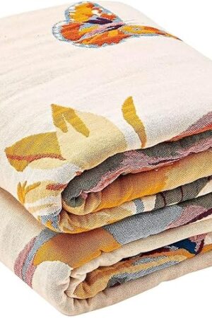Boho Throw Blanket, 100% Cotton Ultra Soft Luxury Throw Rustic Quilt, 50"x60" Floral Bird Butterfly Farmhouse Decor Bed Blankets, All Season Rustic Reversible Bohemian Throw for Bed - Yellow