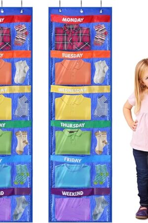 2 Pcs Weekly Kids Clothes Organizer - 59" x 17.7" Large School Day of the Week Clothing Storage with 12 Pockets, Durable Hanging Closet for Monday to Weekend Kids Room Organization (Blue)