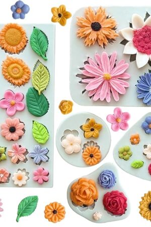 5Pcs Flower Silicone Molds Small Flower Chocolate Mold Daisy Rose Flowers Fondant Molds for Cake Cupcake Decorating Sunflower Leaves Polymer Clay Resin Mold Soap Ice Cube for Baking