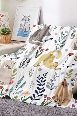 Cat Throw Blanket Floral Flower Throw Blankets Gift for Cat Lover Throw Blanket Cats Themed Flannel Cozy Fuzzy Plush Throw Blankets for Bed Chair Couch 60" X 80"