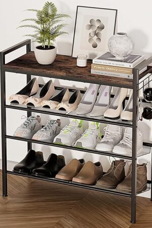 4 Tier Shoe Rack, Shoe Rack for Front Door Entrance with Hook, Shoe Organizer with Adjustable Mesh Shelves, Metal Shoe Rack for Entryway, Closet, Bedroom Living Room Garage