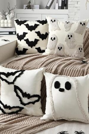 4pcs Halloween Throw Pillow Covers Set 18x18 Inch White Crochet Ghost Bat Pillowcase Embroidered Cushion Covers for Halloween Farmhouse Couch Sofa Room Decor