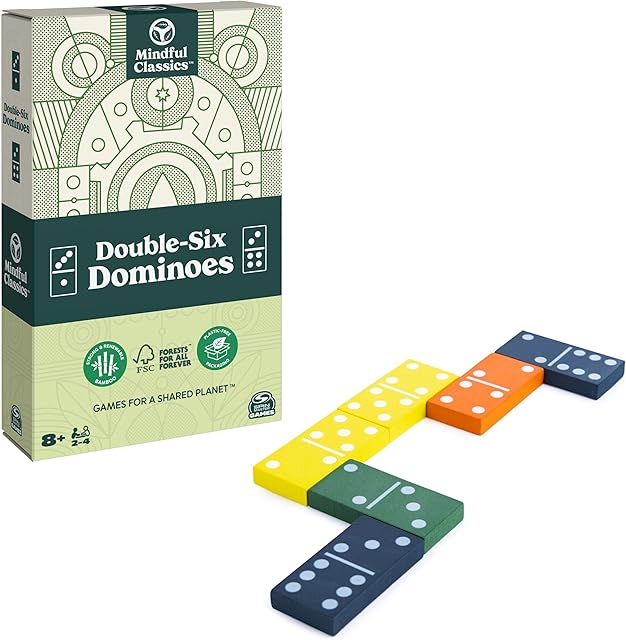 The Mindful Classics, Double-Six Wood Dominoes Set Sustainable Classic Games with Wood Storage Case, for Adults and Kids Ages 8 and up