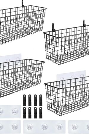 4 Set [EXTRA LARGE] Hanging Wall Mount Storage Baskets with Adhesive Hooks & Steel Hooks, Multiuse Sturdy Wire Metal Organizing Baskets for Home Kitchen Bathroom Pantry Utility Organizer, Black