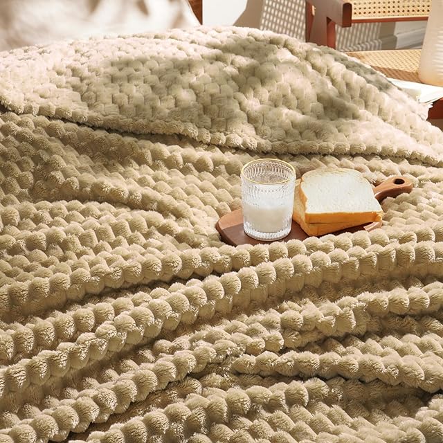 David's Home Fleece Blanket Flannel Blanket Queen Size 3D Jacquard 90"x90" Light Khaki