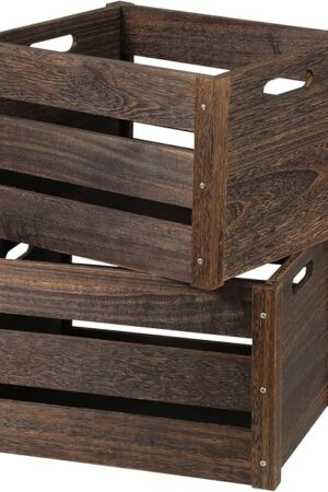 Wooden Crates 2 Pack, Rustic Handmade Wood Crate with Handles, Durable Large Wooden Crates for Display & Decor, Brown