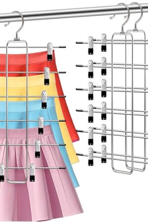 Closet-Organizers-and-Storage,6 Tier Pants-Hangers-Space-Saving,Skirt-Hangers with Clips for Closets Organizer,College-Dorm-Room-Essentials,2 Pack Closet Storage Clothes Shorts Jean Hanger