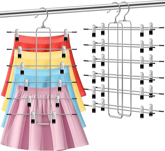 Closet-Organizers-and-Storage,6 Tier Pants-Hangers-Space-Saving,Skirt-Hangers with Clips for Closets Organizer,College-Dorm-Room-Essentials,2 Pack Closet Storage Clothes Shorts Jean Hanger