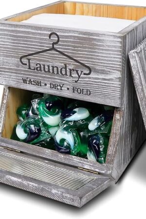 Besuerte Farmhouse Dryer Sheets Holder & Laundry Pod Container, Rustic Grey Wooden Laundry Pod Dispenser, Dryer Sheets Container Laundry Room Organizers And Storage