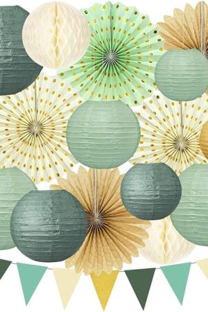 17Pcs Sage Green Party Decorations, Sage Green Gold Cream Paper Lanterns Paper Fans for Baby Shower Birthday Wedding Engagement Bridal Shower Party Decorations