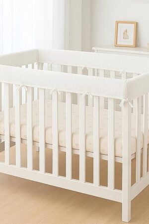 4 in 1 Crib Rail Covers for Teething,Soft Breathable Muslin Cover,Crib Rail Guard, Anti-Collision Strip Corner Cover, Crib Teething Cover, Rail Edge Protector Strip, 4 Pcs, White
