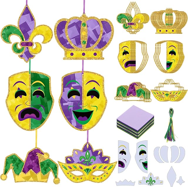 The 24 Sets Mardi Gras Craft Kits Tissue Paper DIY Crown Mask Fleur De Lis Hanging Ornaments Purple Green Yellow Glitter Art Decoration for Mardi Gras Masquerade Carnival Party Decoration